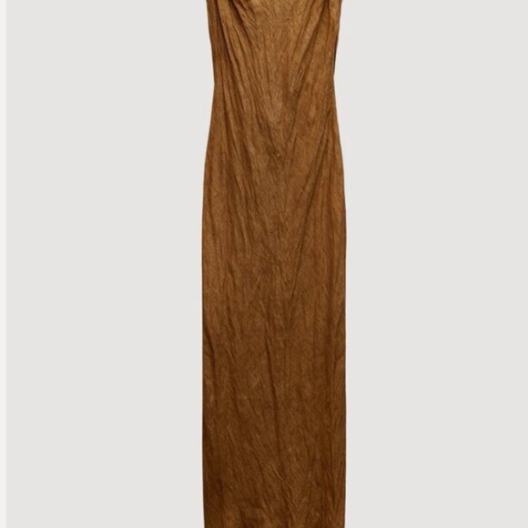 ZARA  WOMAN SS24 PLEATED 100% LINEN DRESS ZW COLLECTION COGNAC - Picture 4 of 6